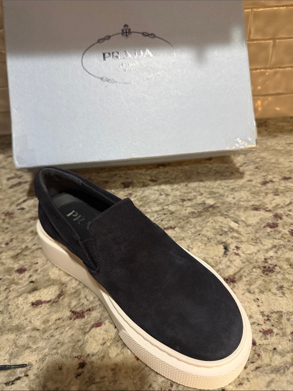 Prada women size 5 Black Suede Slip-On Sneaker with White Platform Sole . New
